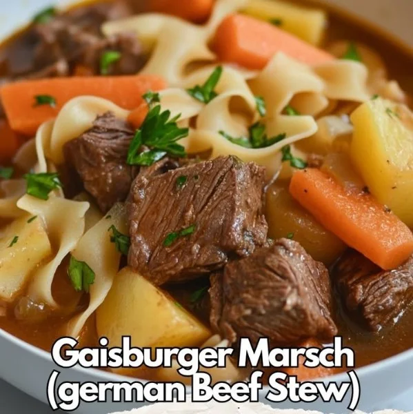 A hearty serving of Gaisburger March with meat, potatoes, and vegetables.