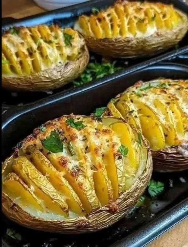 Garlic and Herb Baked Potatoes served with fresh herbs