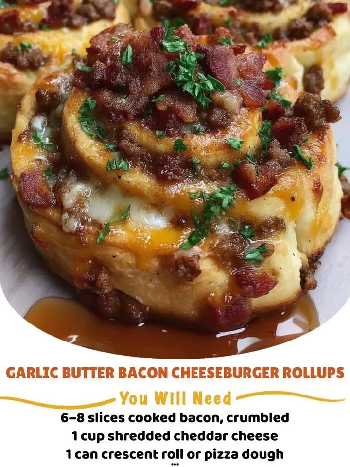 Garlic Butter Bacon Cheeseburger Rollups served on a plate with toppings.