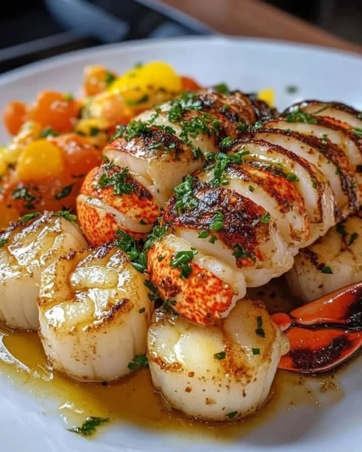 Garlic butter lobster tail served with seared scallops on a plate.