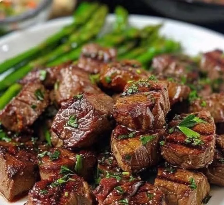 Garlic butter steak bites served on a plate with fresh parsley garnish
