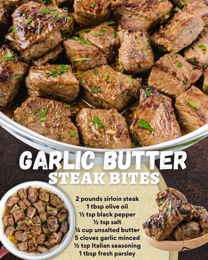 Garlic butter steak bites served on a plate with herbs and spices
