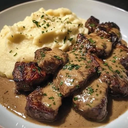 Delicious garlic butter steak bites served with creamy mashed potatoes.