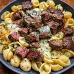 Garlic butter steak bites with shell pasta in parmesan cream sauce
