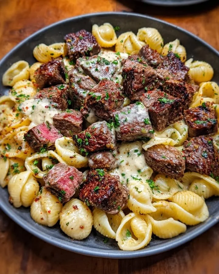 Garlic butter steak bites with shell pasta in parmesan cream sauce