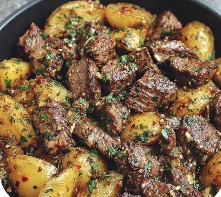Delicious garlic butter steak served with roasted potatoes