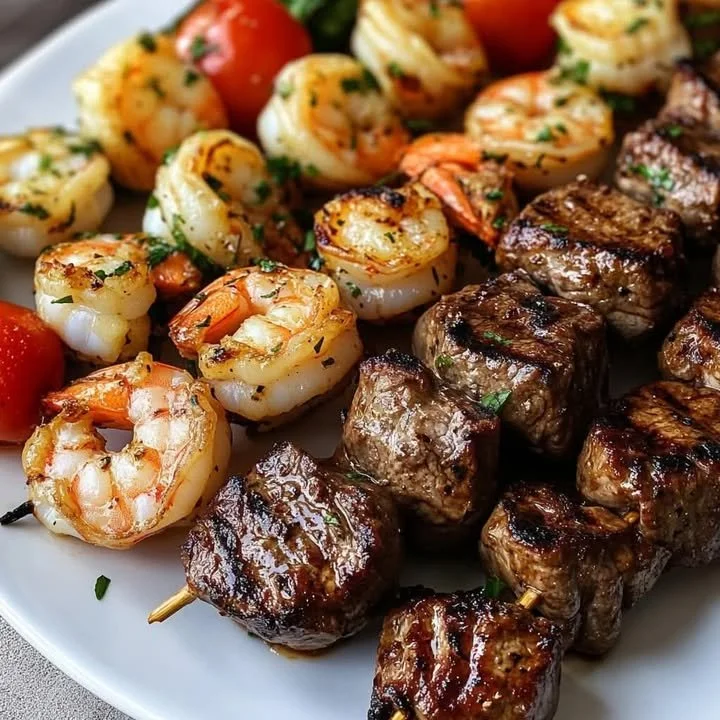 Delicious Garlic Butter Steak and Shrimp Skewers ready to grill.