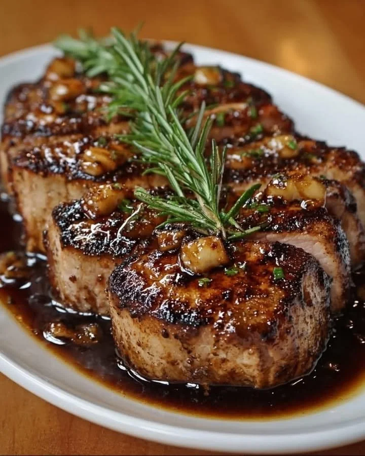 Juicy Garlic Butter Steak garnished with herbs and garlic, ready to serve.