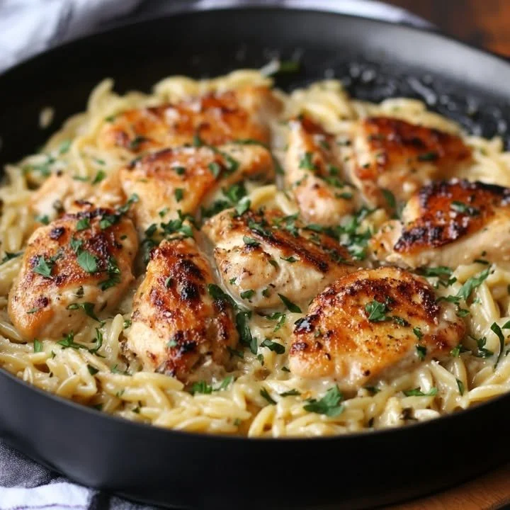 Creamy Garlic Cream Chicken served over orzo pasta
