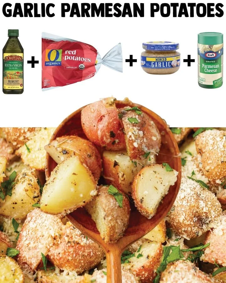 Plate of Garlic Parmesan Roasted Potatoes garnished with herbs