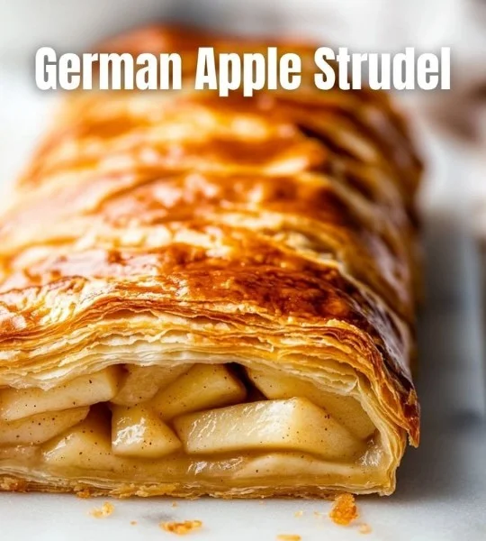 Homemade German Apple Strudel with apples and spices in flaky pastry