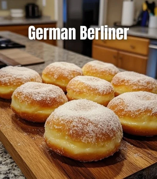 Delicious German Berliner filled with jam, a traditional pastry treat.
