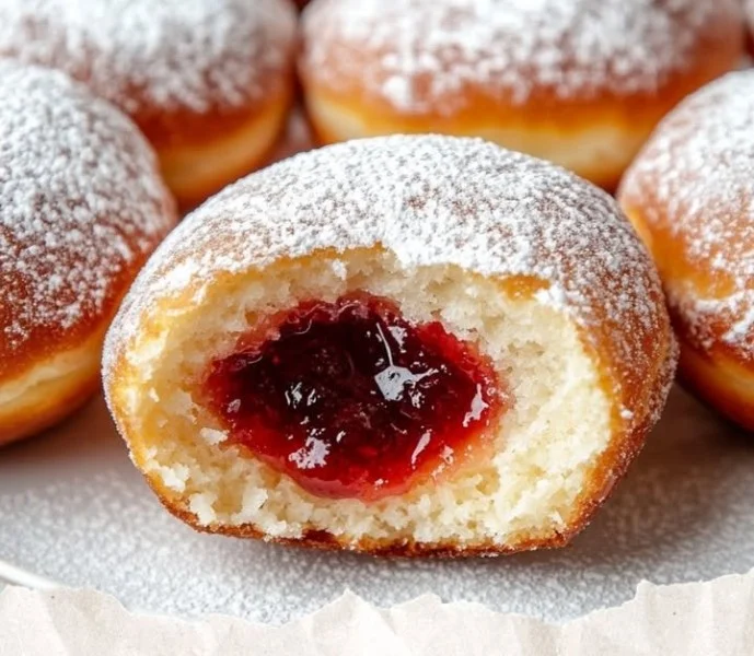Delicious German Berliner pastry filled with jam and dusted with powdered sugar.