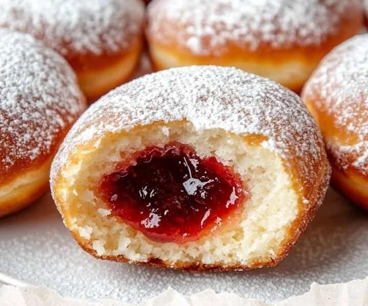 A freshly baked German Berliner pastry filled with jam and dusted with powdered sugar.