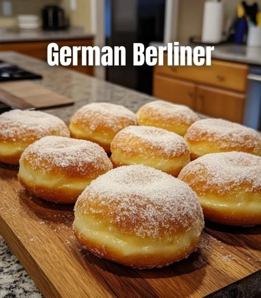 Delicious German Berliners filled with jam and cream on a plate