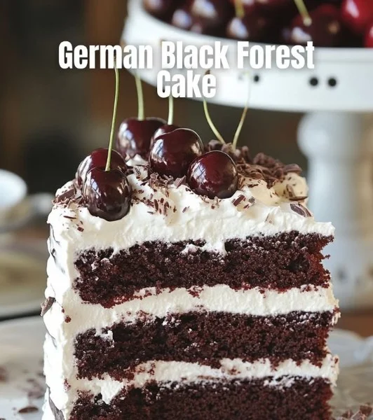 Delicious German Black Forest Cake with chocolate, cherries, and whipped cream.
