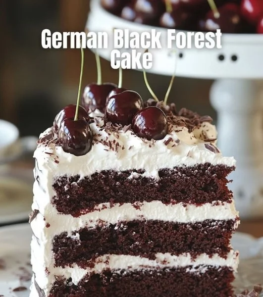 Slice of authentic German Black Forest Cake with cherries and whipped cream