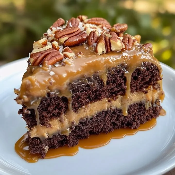 Slice of homemade German Chocolate Cake with coconut-pecan frosting on a plate.