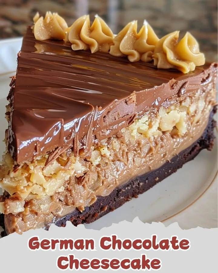 Delicious slice of German Chocolate Cheesecake topped with toasted coconut and pecans