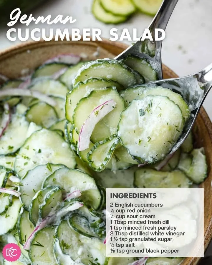 Delicious German cucumber salad with fresh cucumbers and a tangy dressing.