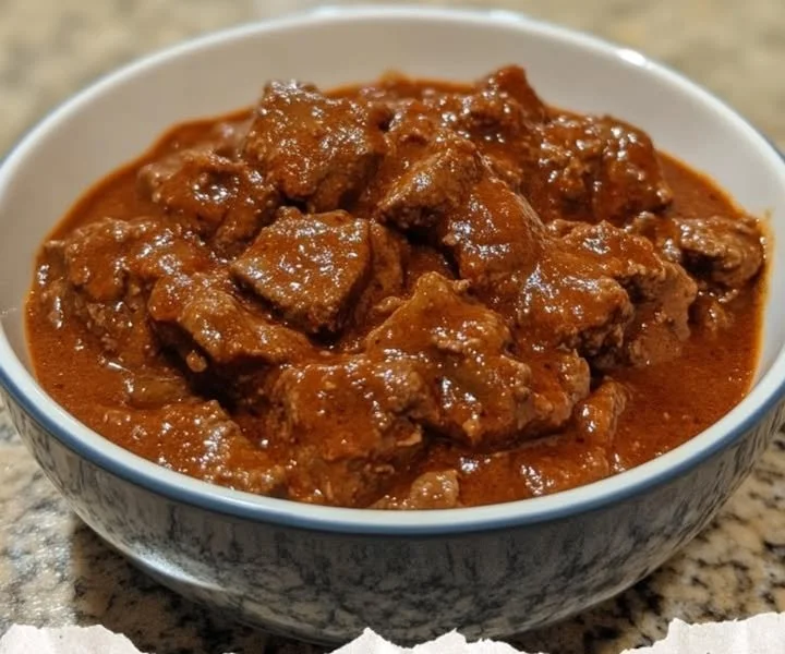Serving of traditional German Goulash in a bowl with parsley garnish.