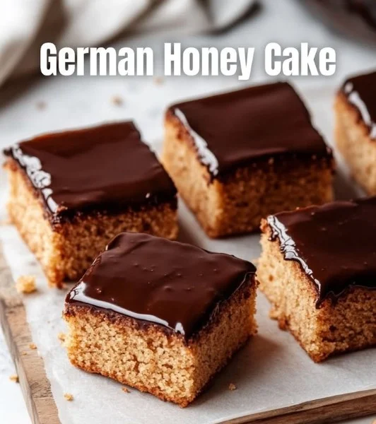 Homemade German Honey Cake topped with cream and served on a wooden table