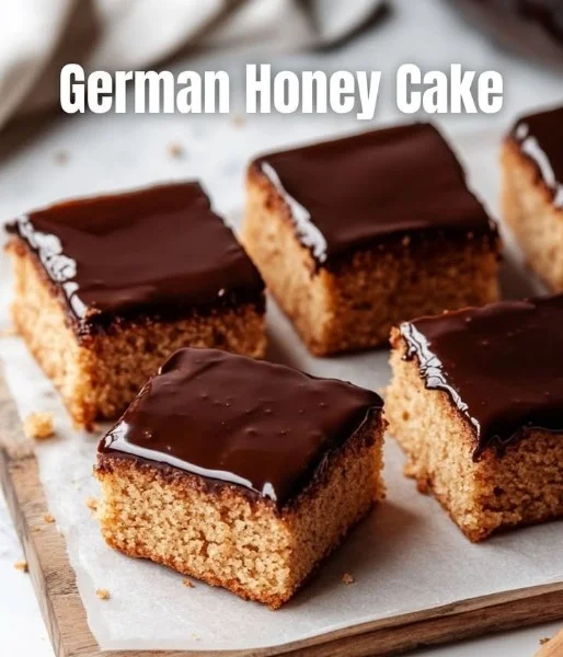 Slice of German Honey Cake topped with honey and nuts on a wooden table