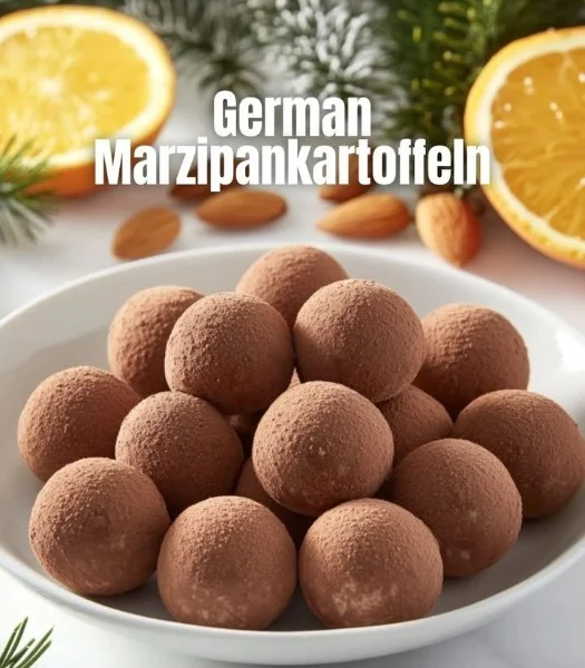 Delicious homemade German Marzipan Potatoes with cocoa powder coating
