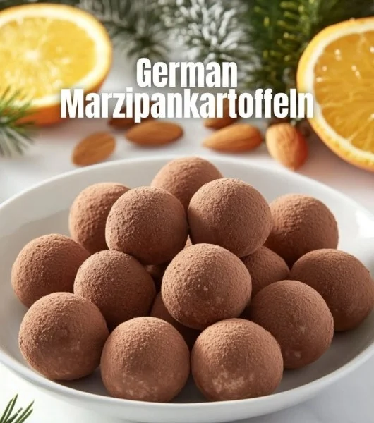 A plate of beautifully crafted German marzipan potatoes, showcasing their unique shape and color.
