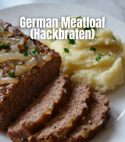 Delicious slice of German Meatloaf served with fresh vegetables