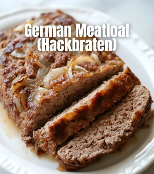 Delicious homemade German Meatloaf served on a plate with garnish