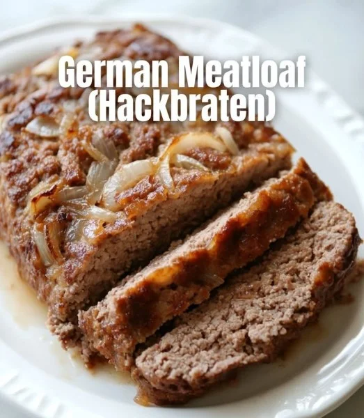 A delicious serving of German Meatloaf garnished with herbs and served on a plate.
