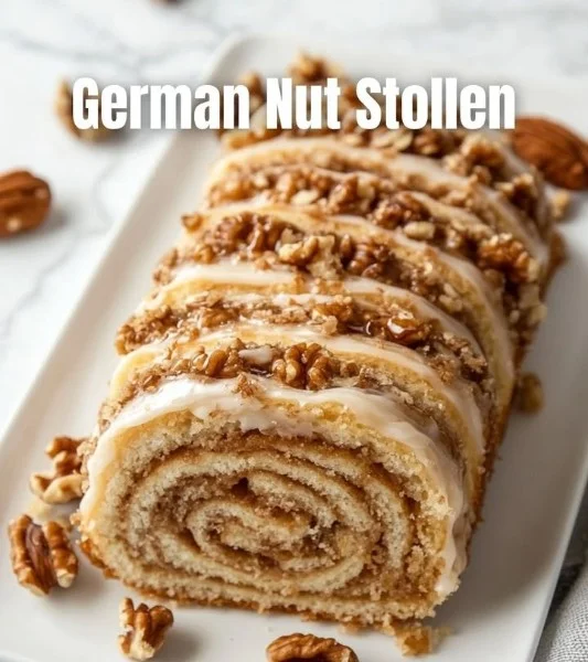 Delicious German Nut Stollen with nuts and fruits on a rustic wooden background