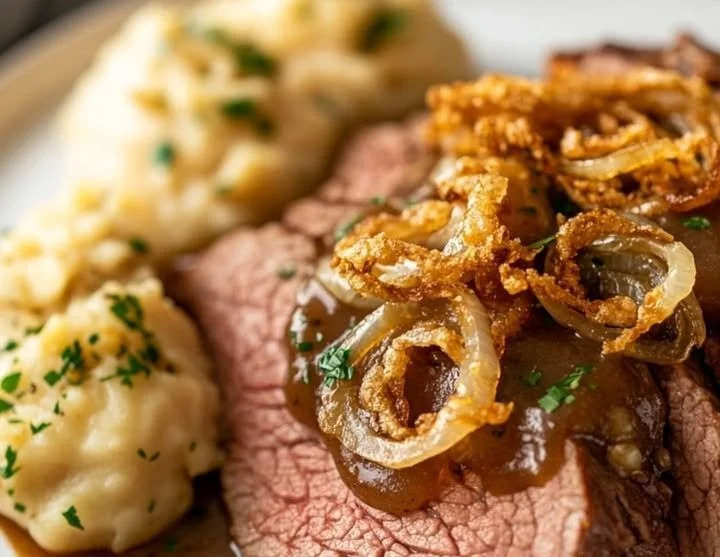 Delicious German Onion Roast served with herbs and spices