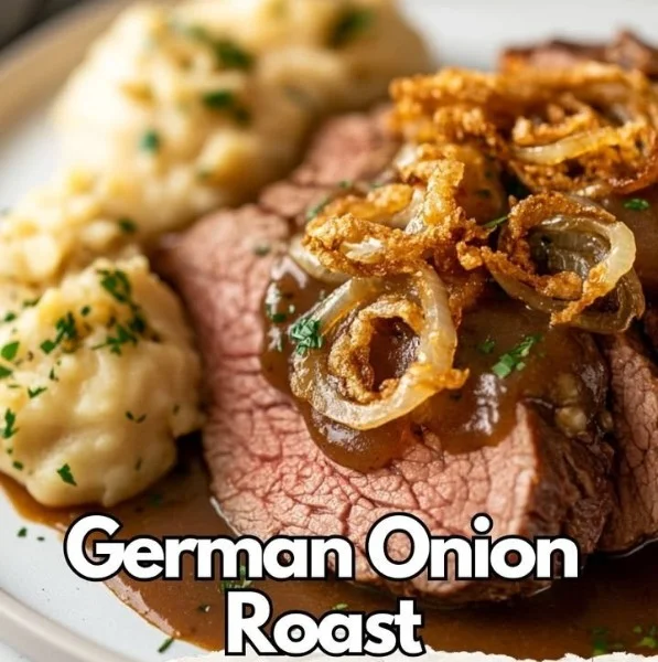 Delicious German Onion Roast served on a rustic table with herbs.