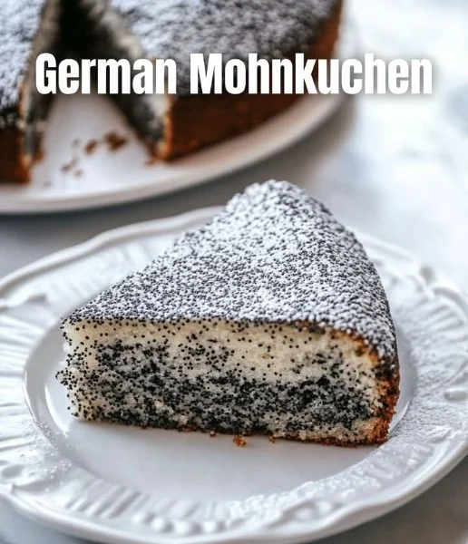 German Poppy Seed Cake topped with icing on a plate