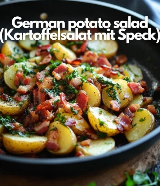 Delicious German Potato Salad with bacon served in a bowl.