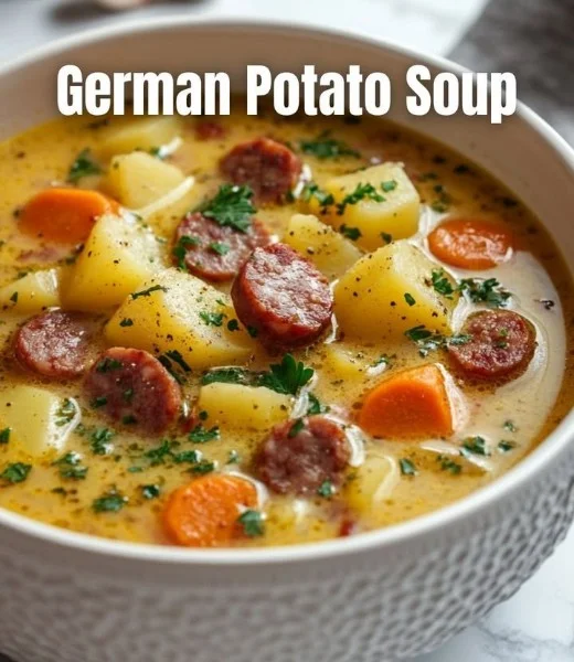 Bowl of hearty German Potato Soup garnished with herbs and served warm