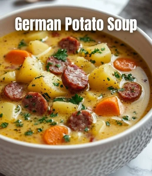 Bowl of creamy German Potato Soup topped with herbs and served with bread.