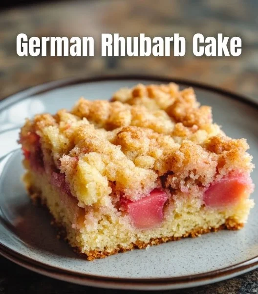 Slice of German Rhubarb Cake topped with whipped cream on a plate