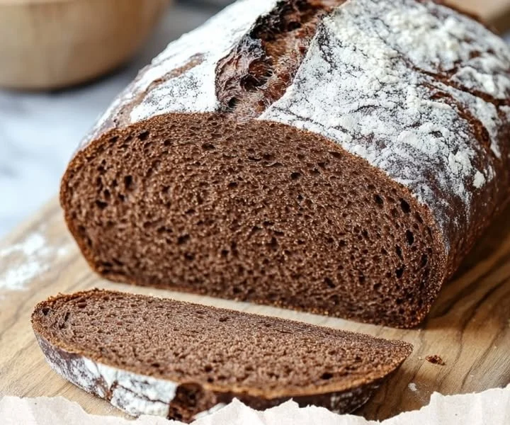 Freshly baked German Rye Bread on a wooden table.