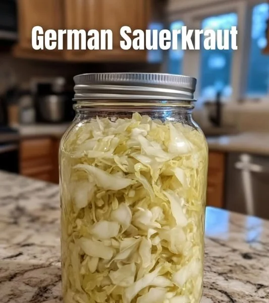 Homemade German sauerkraut in a traditional bowl with spices and herbs.