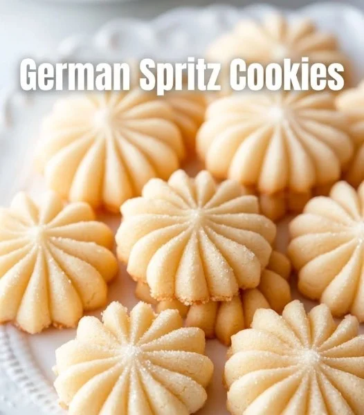 Plate of homemade German Spritz Cookies decorated with colorful sprinkles.