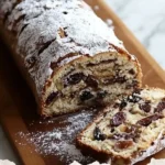 Traditional German Stollen bread with fruits and nuts for holiday baking