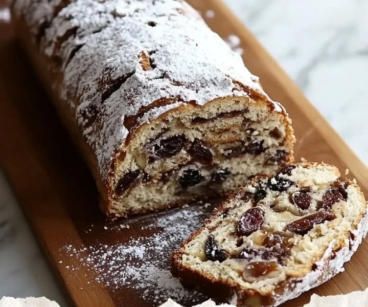 Traditional German Stollen bread with fruits and nuts for holiday baking