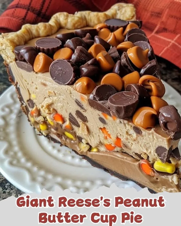 Giant Reese's Peanut Butter Cup Pie with a chocolate and peanut butter filling