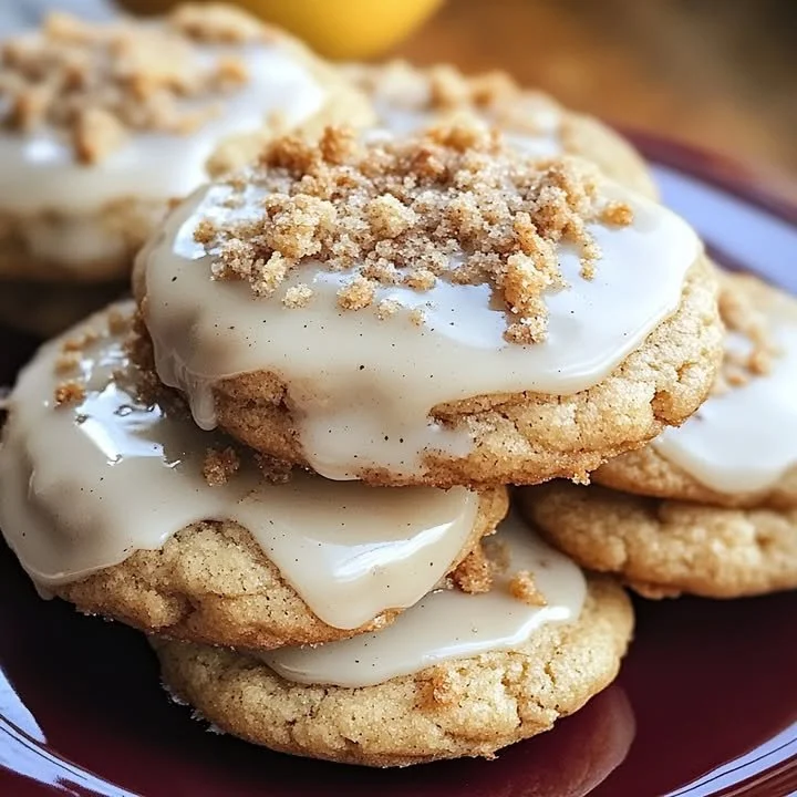 Glazed cinnamon crumble cookies on a decorative plate.