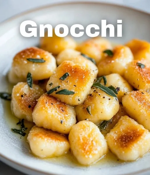 Plate of homemade gnocchi served with tomato sauce and fresh basil.
