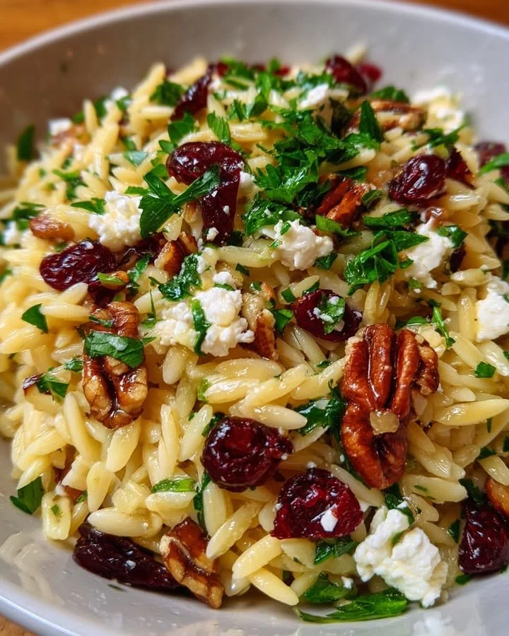 Goat Cheese & Cranberry Orzo Salad with Lemon Vinaigrette in a bowl