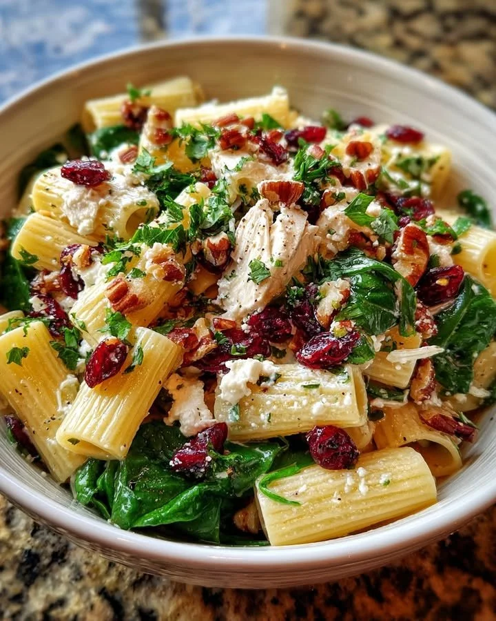 Goat Cheese Rigatoni Salad with cranberries and lemon vinaigrette in a bowl